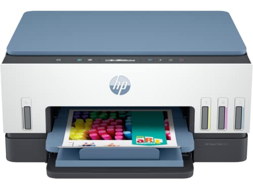 HP printer with colorful paper output on a white background