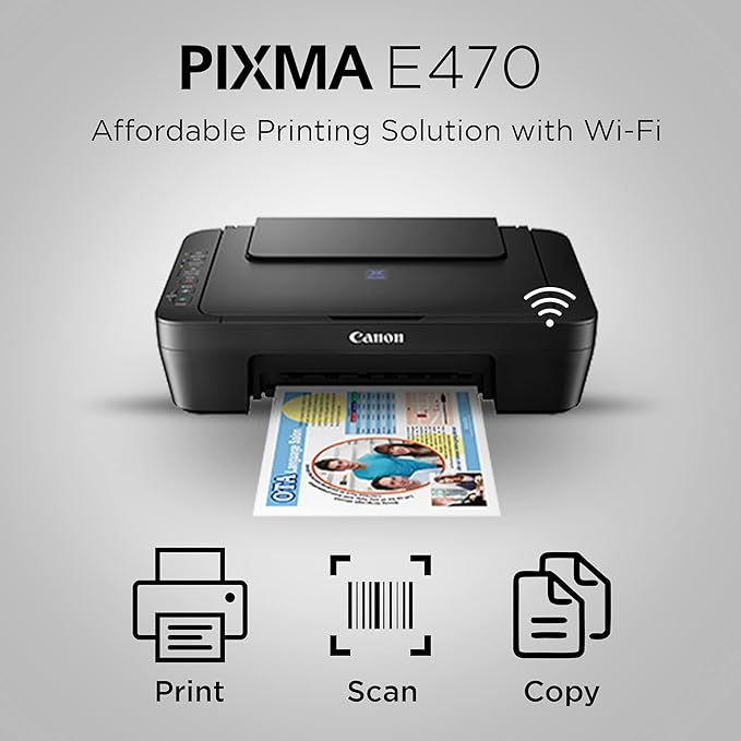 Canon PIXMA E470 All in One (Print, Scan, Copy) WiFi Ink Efficient Colour Printer for Home