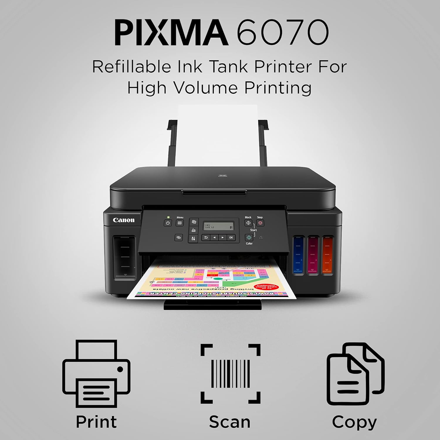Canon PIXMA MegaTank G6070 All-in-one Wi-Fi Colour Ink Tank Printer with Auto-Duplex Printing and Networking (Black)